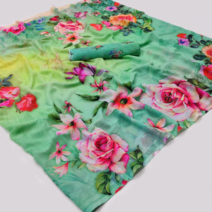 Green Digital Printed Georgette Saree - Peachmode