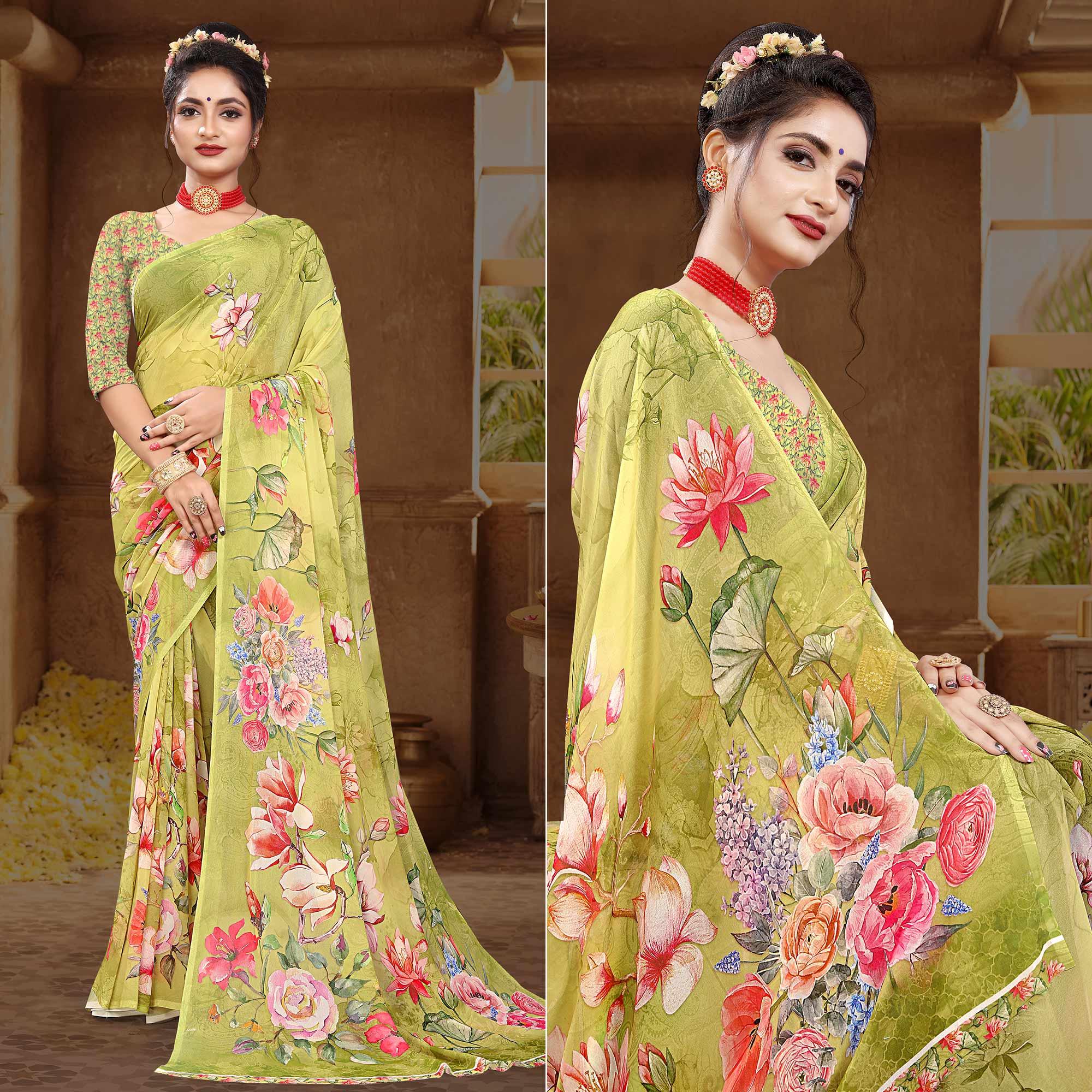 Green Digital Printed Georgette Saree - Peachmode