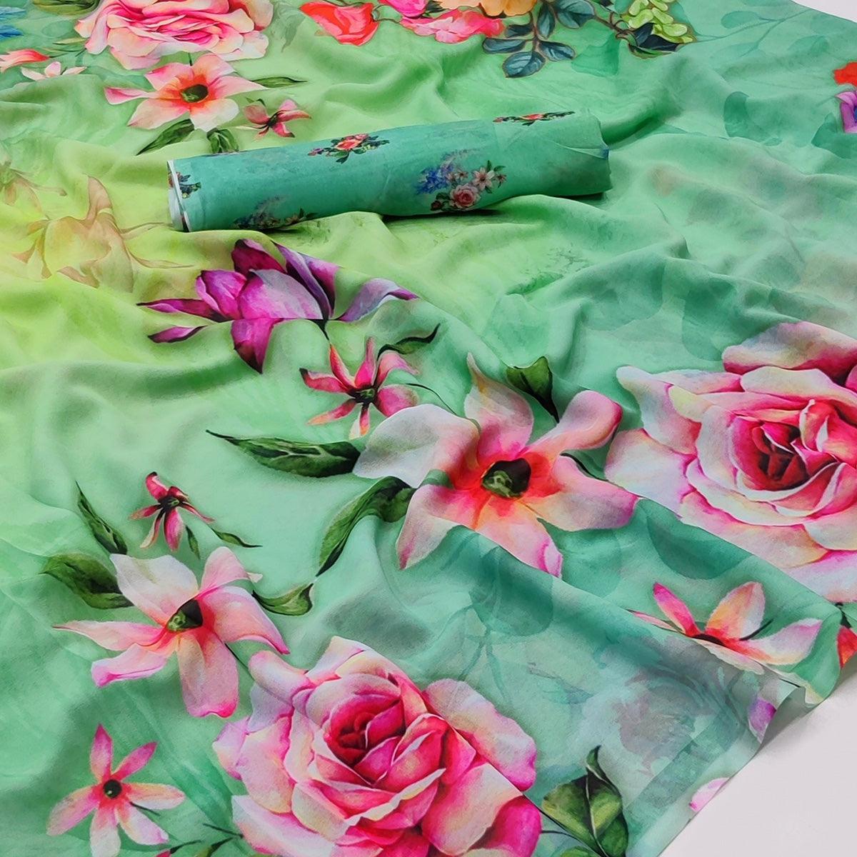 Green Digital Printed Georgette Saree - Peachmode