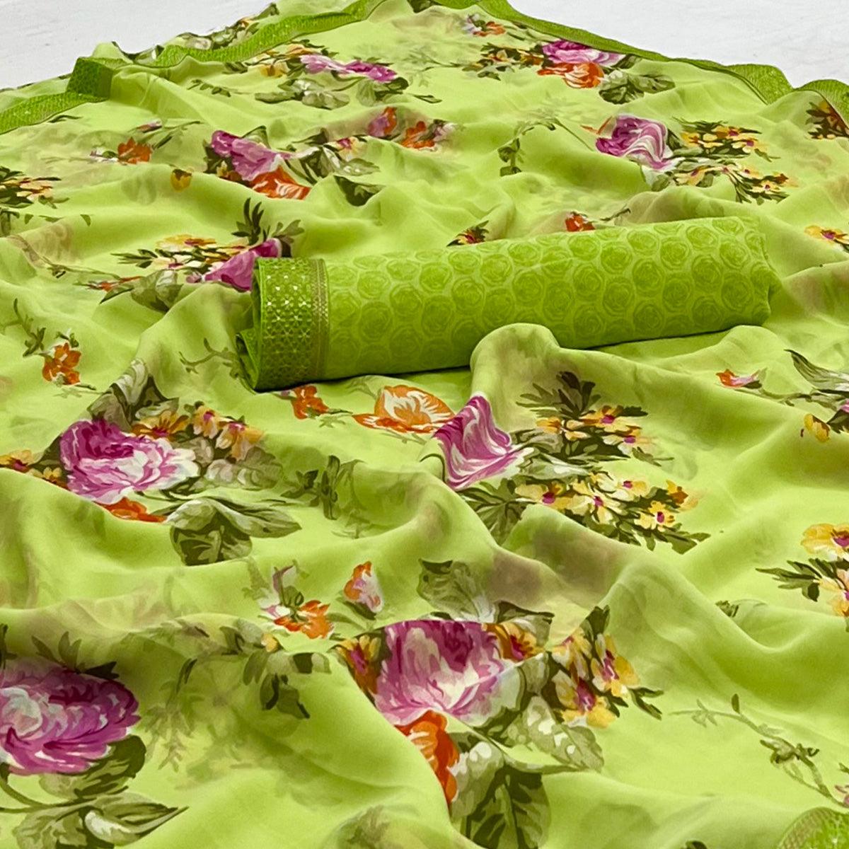 Green Digital Printed Georgette Saree - Peachmode