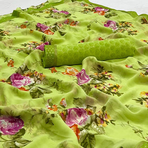 Green Digital Printed Georgette Saree - Peachmode