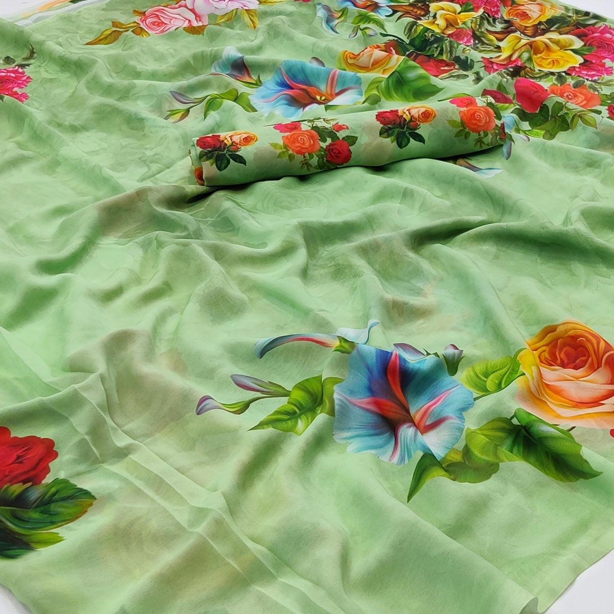 Green Digital Printed Georgette Saree - Peachmode