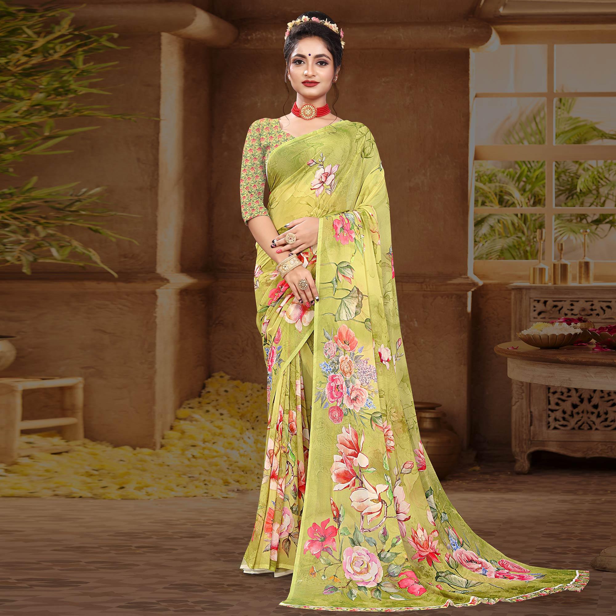 Green Digital Printed Georgette Saree - Peachmode