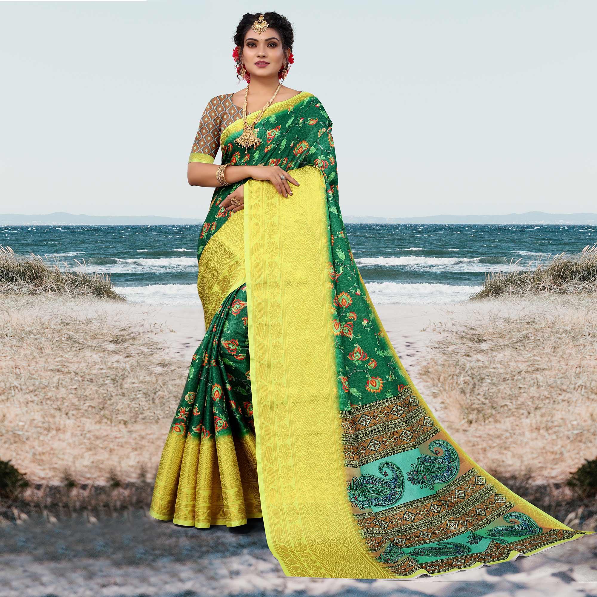 Green Digital Printed Khaadi Saree - Peachmode