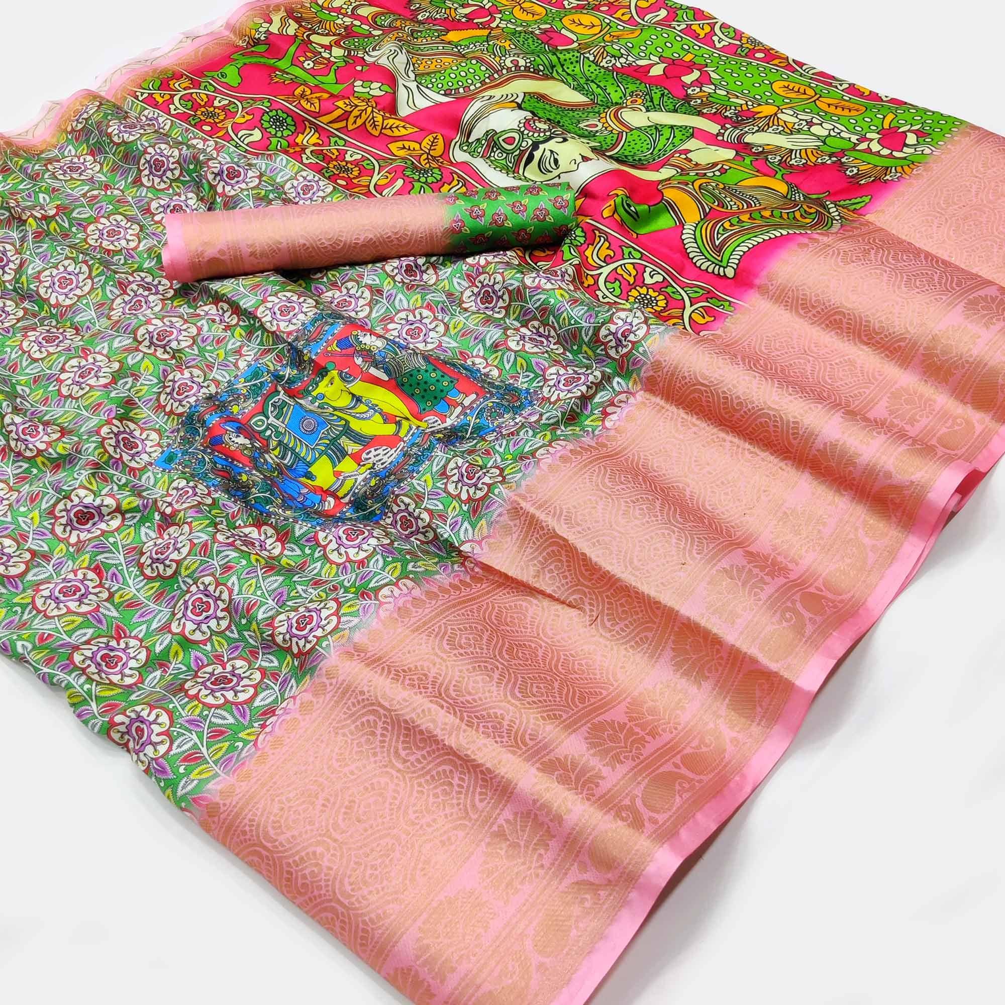 Green Digital Printed Khaadi Saree - Peachmode