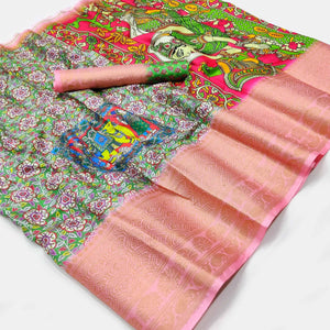 Green Digital Printed Khaadi Saree - Peachmode