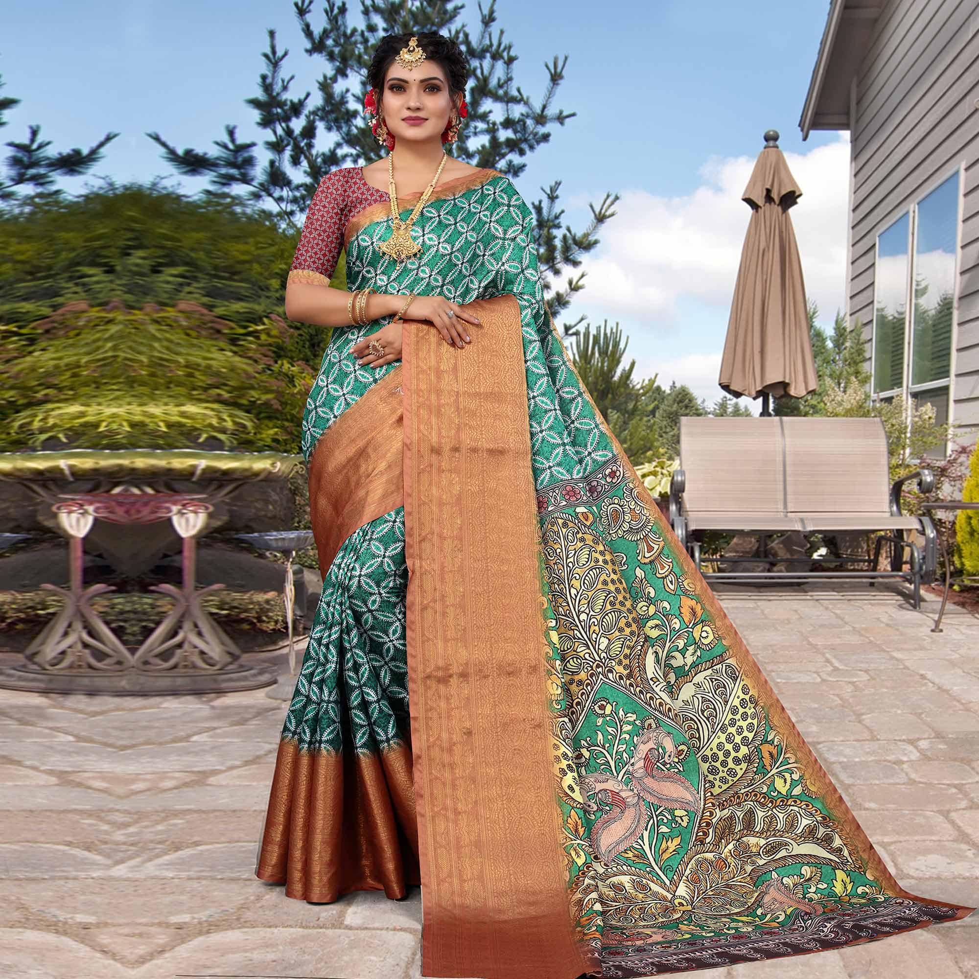 Green Digital Printed Khaadi Saree - Peachmode