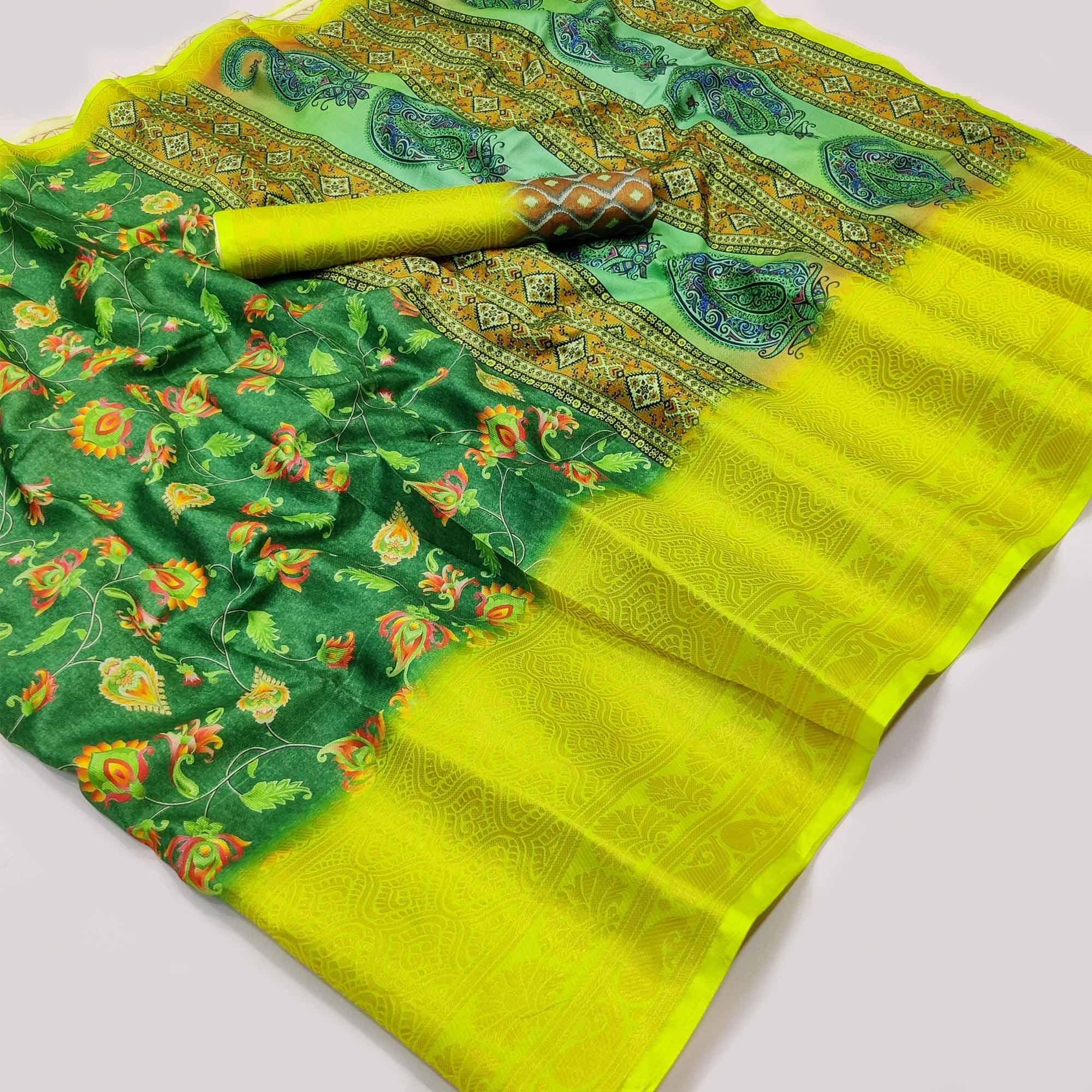 Green Digital Printed Khaadi Saree - Peachmode