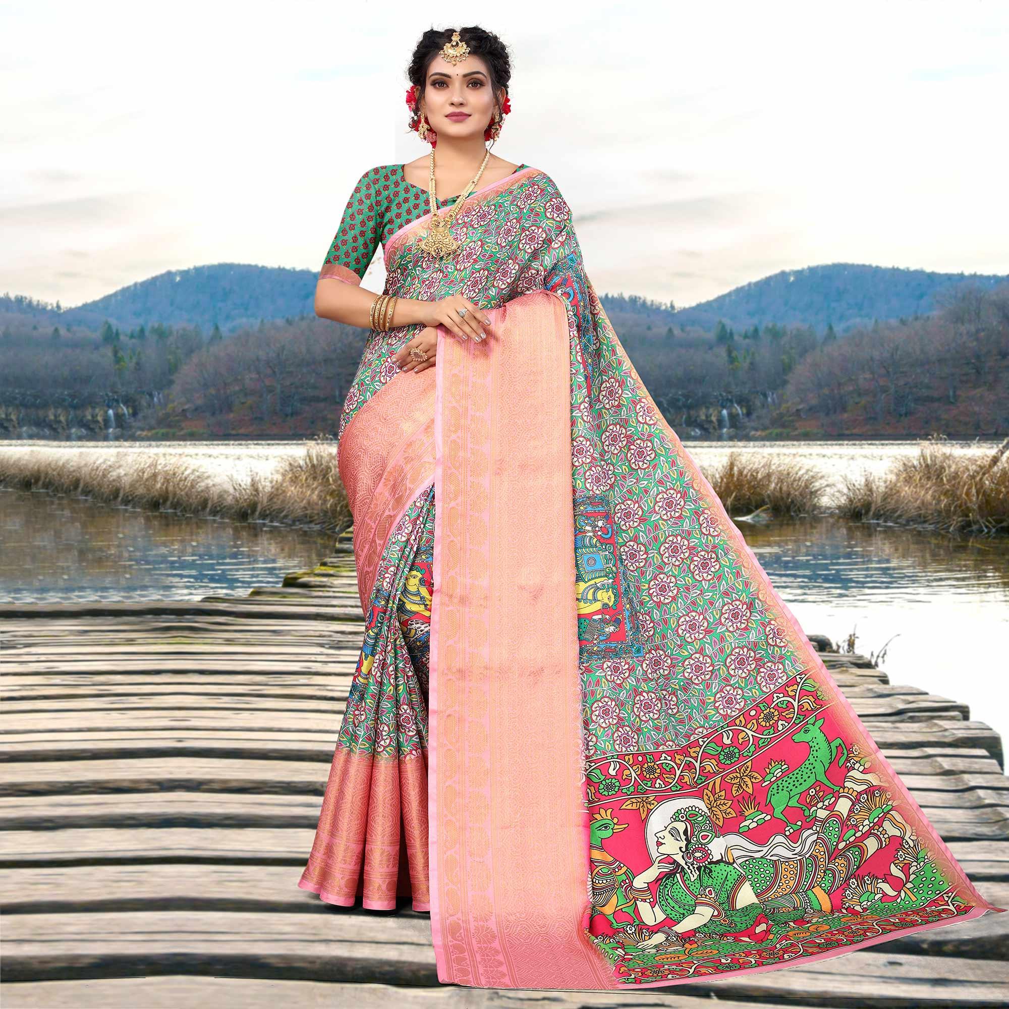 Green Digital Printed Khaadi Saree - Peachmode