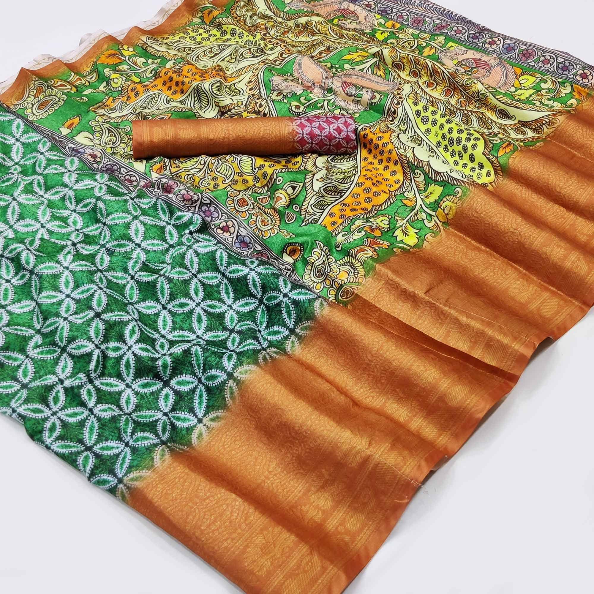 Green Digital Printed Khaadi Saree - Peachmode