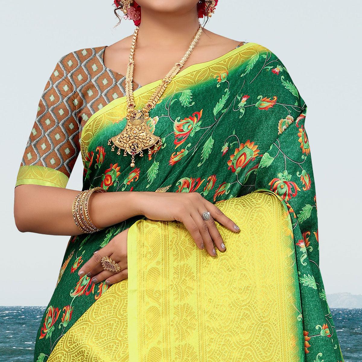 Green Digital Printed Khaadi Saree - Peachmode