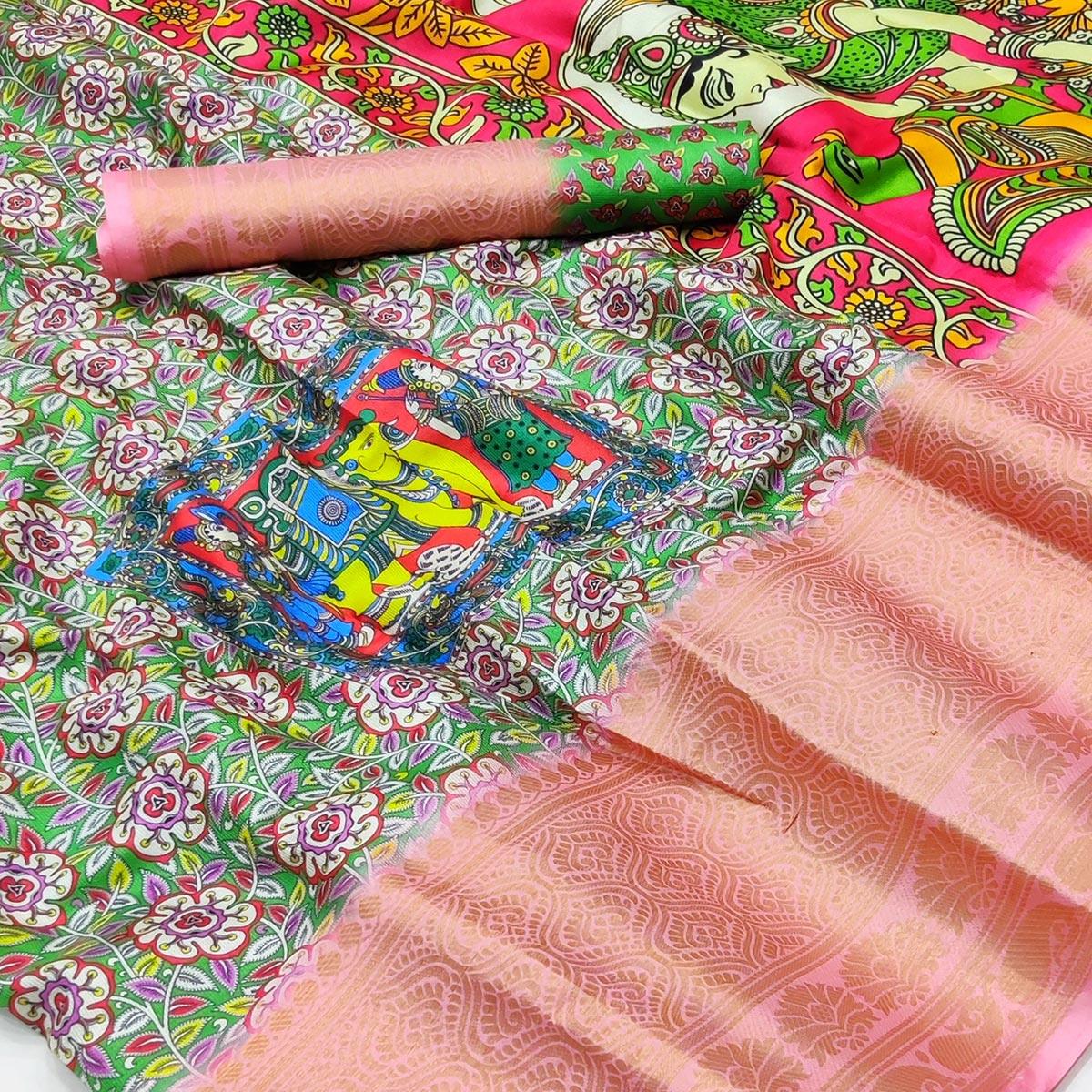 Green Digital Printed Khaadi Saree - Peachmode