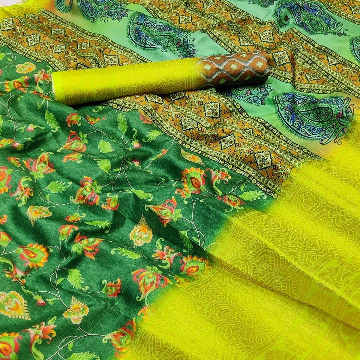 Green Digital Printed Khaadi Saree - Peachmode