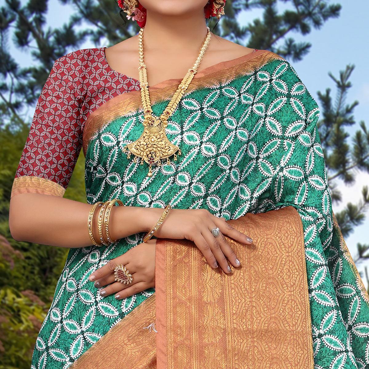 Green Digital Printed Khaadi Saree - Peachmode