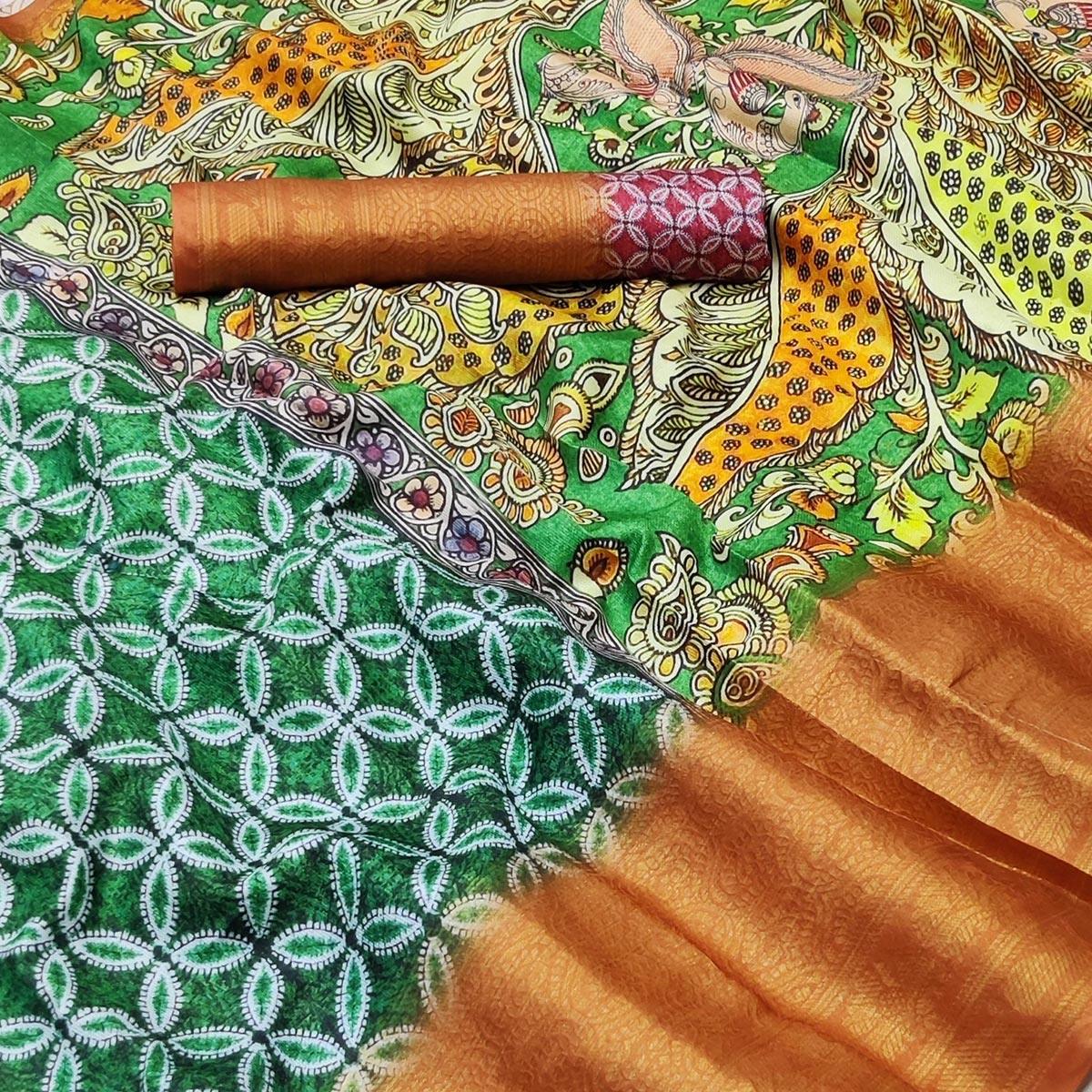 Green Digital Printed Khaadi Saree - Peachmode