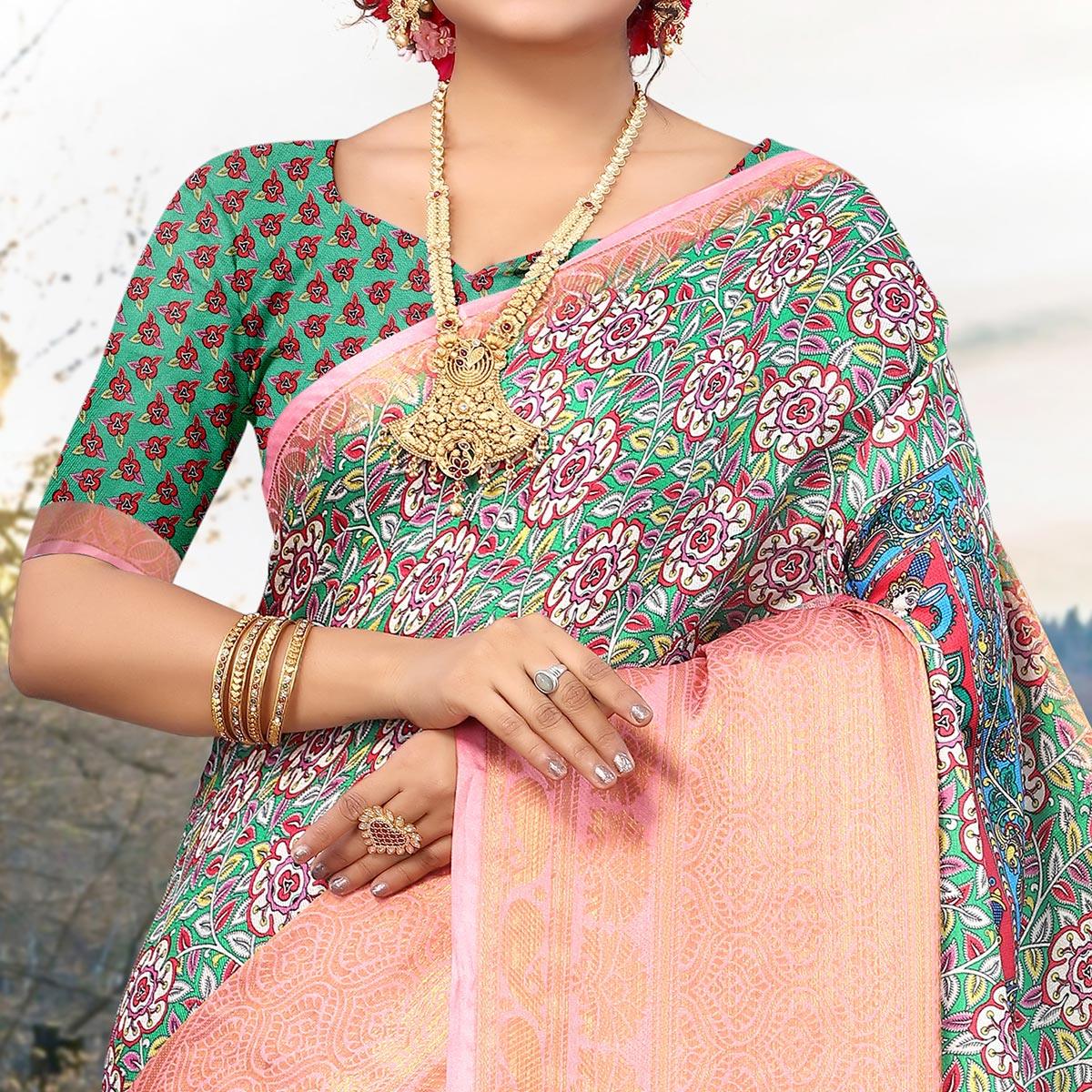 Green Digital Printed Khaadi Saree - Peachmode