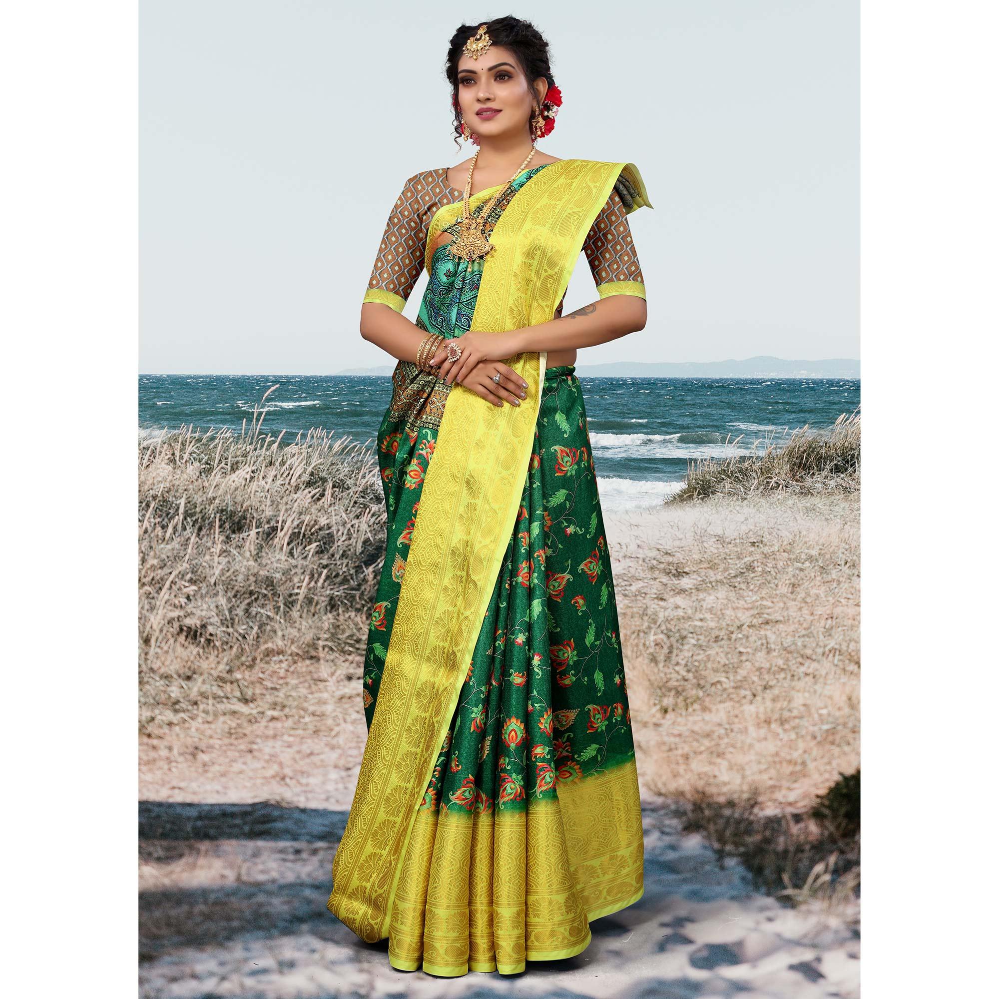 Green Digital Printed Khaadi Saree - Peachmode