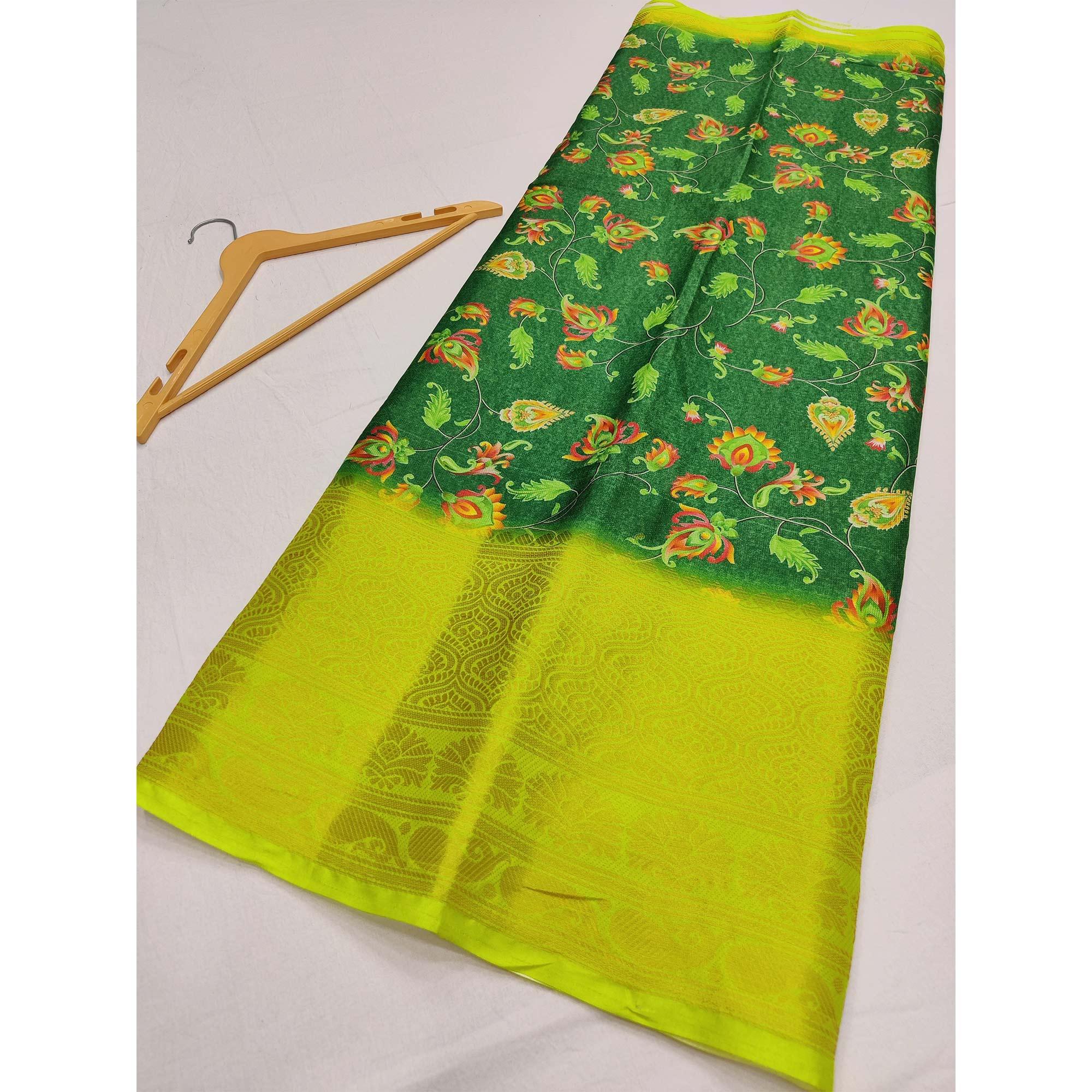 Green Digital Printed Khaadi Saree - Peachmode