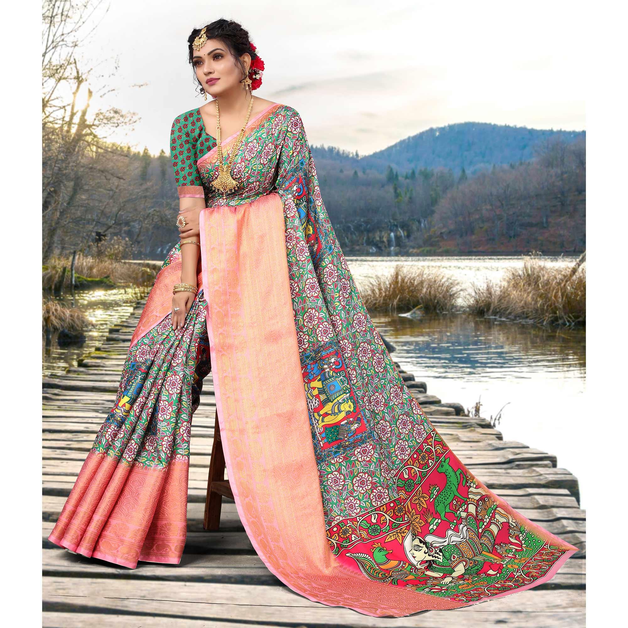 Green Digital Printed Khaadi Saree - Peachmode