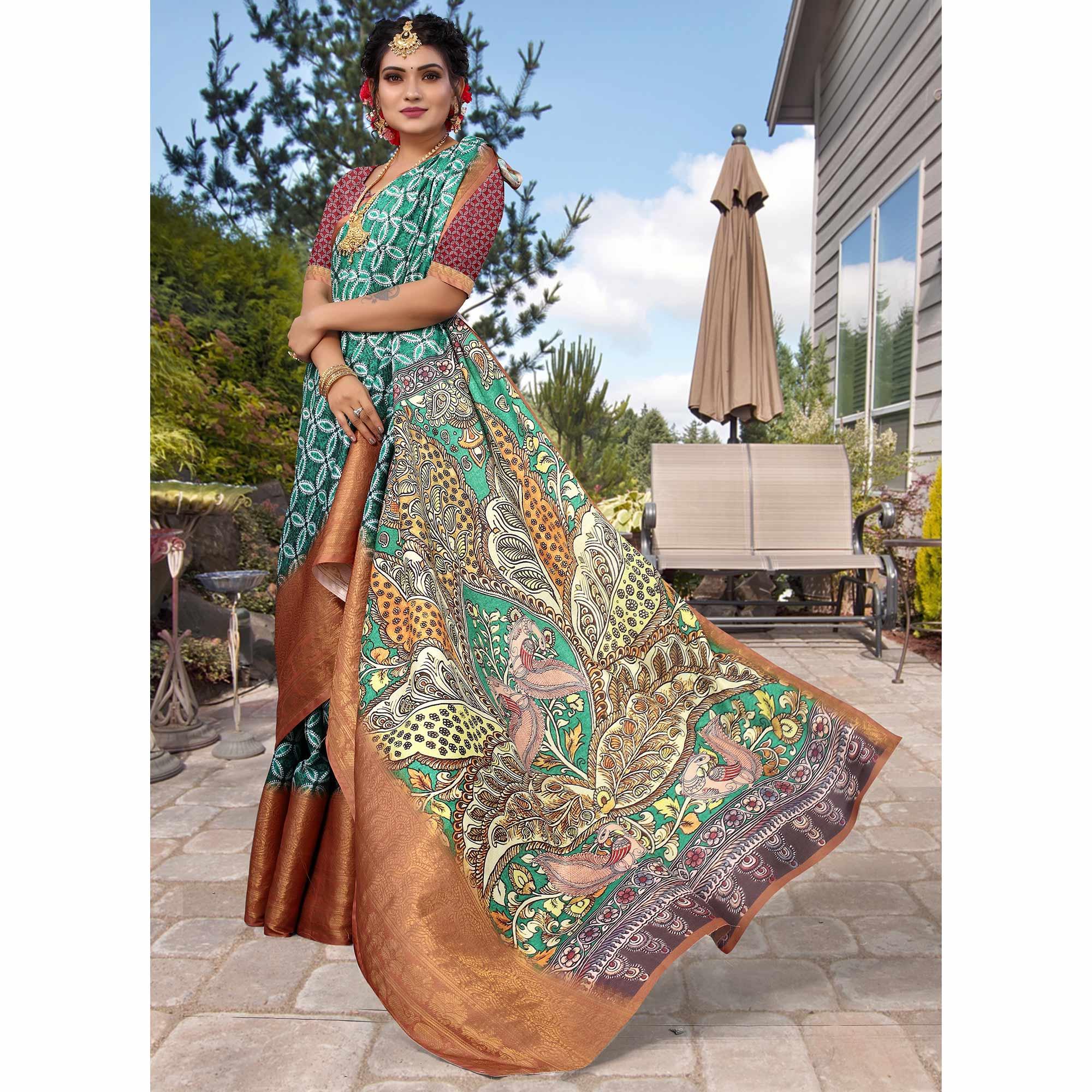 Green Digital Printed Khaadi Saree - Peachmode