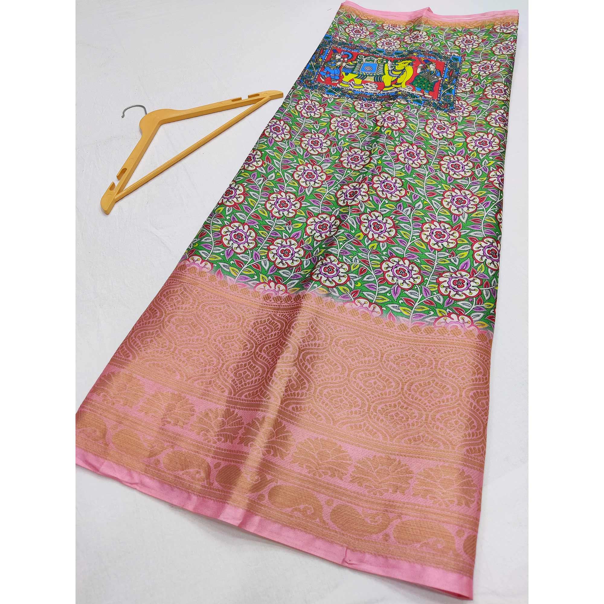 Green Digital Printed Khaadi Saree - Peachmode
