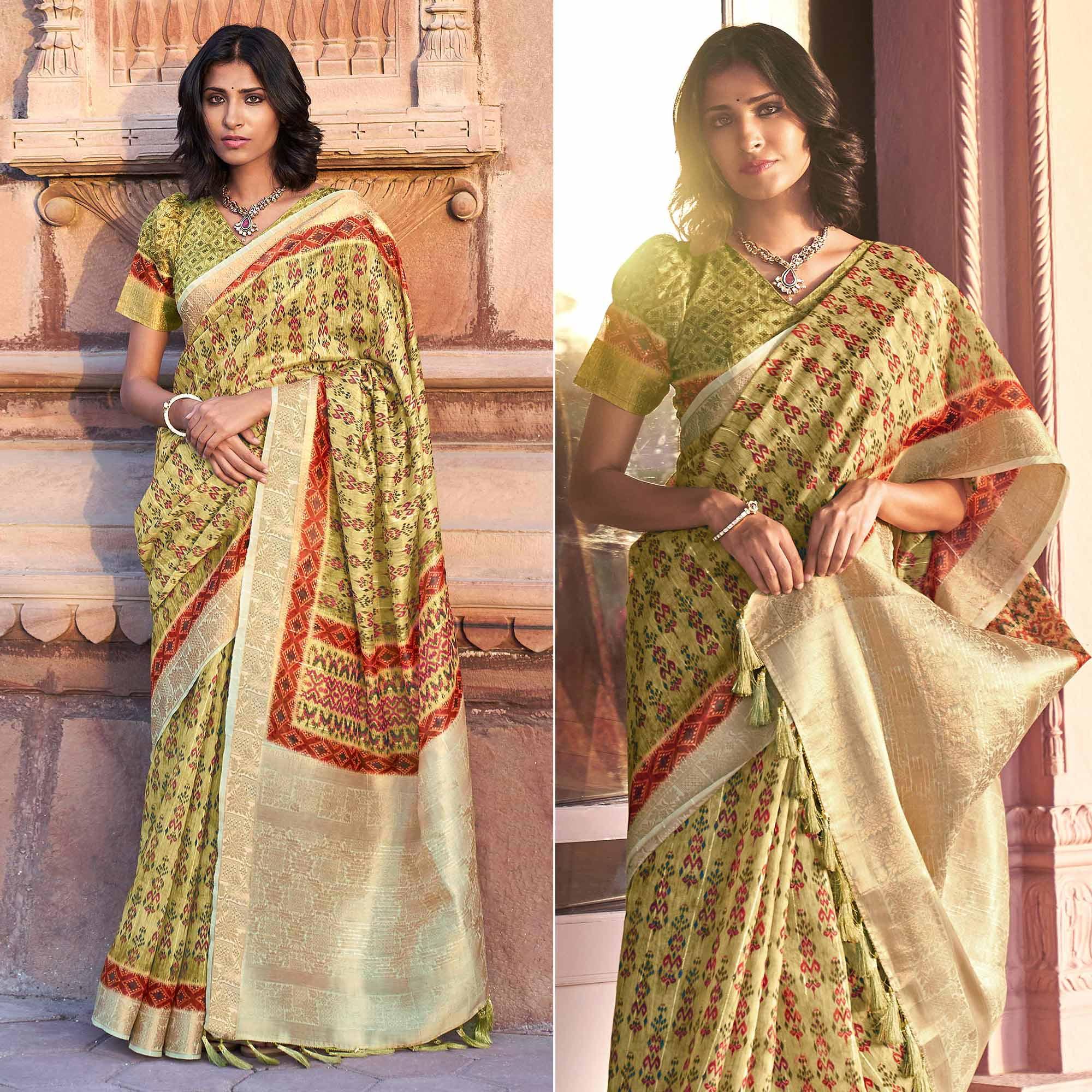 Green Digital Printed Linen Saree - Peachmode
