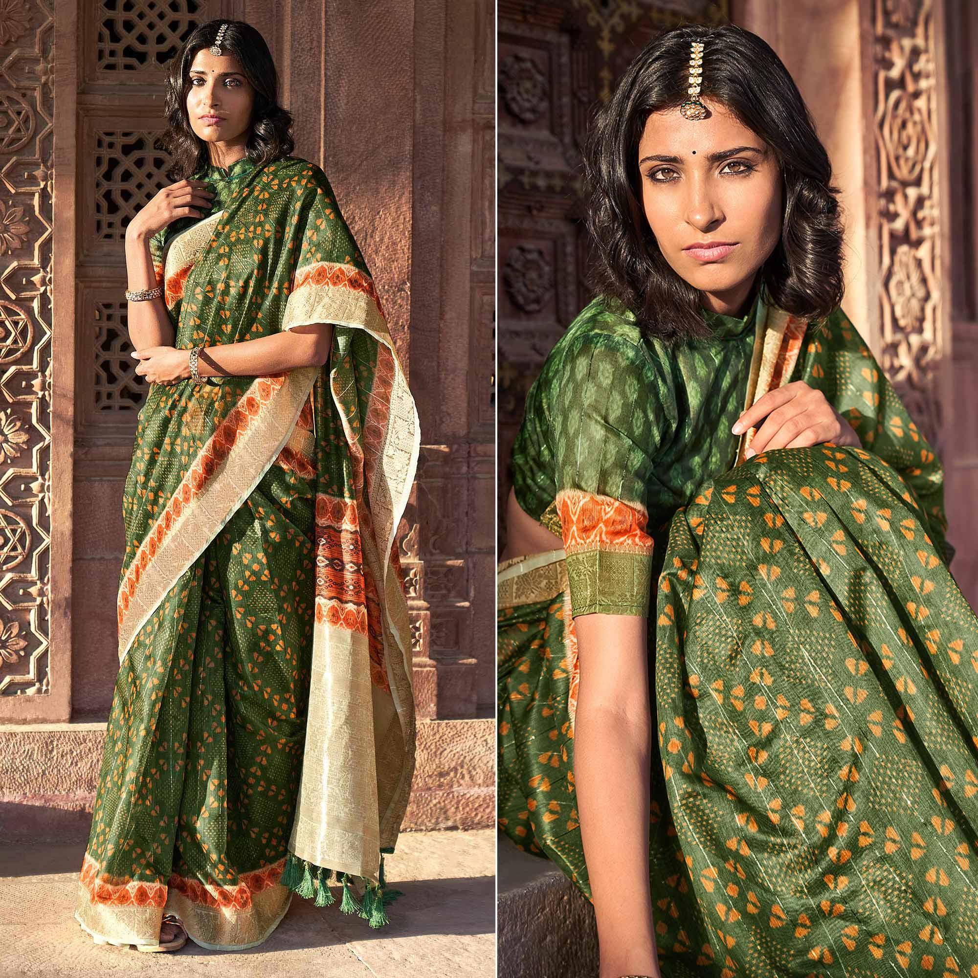 Green Digital Printed Linen Saree - Peachmode