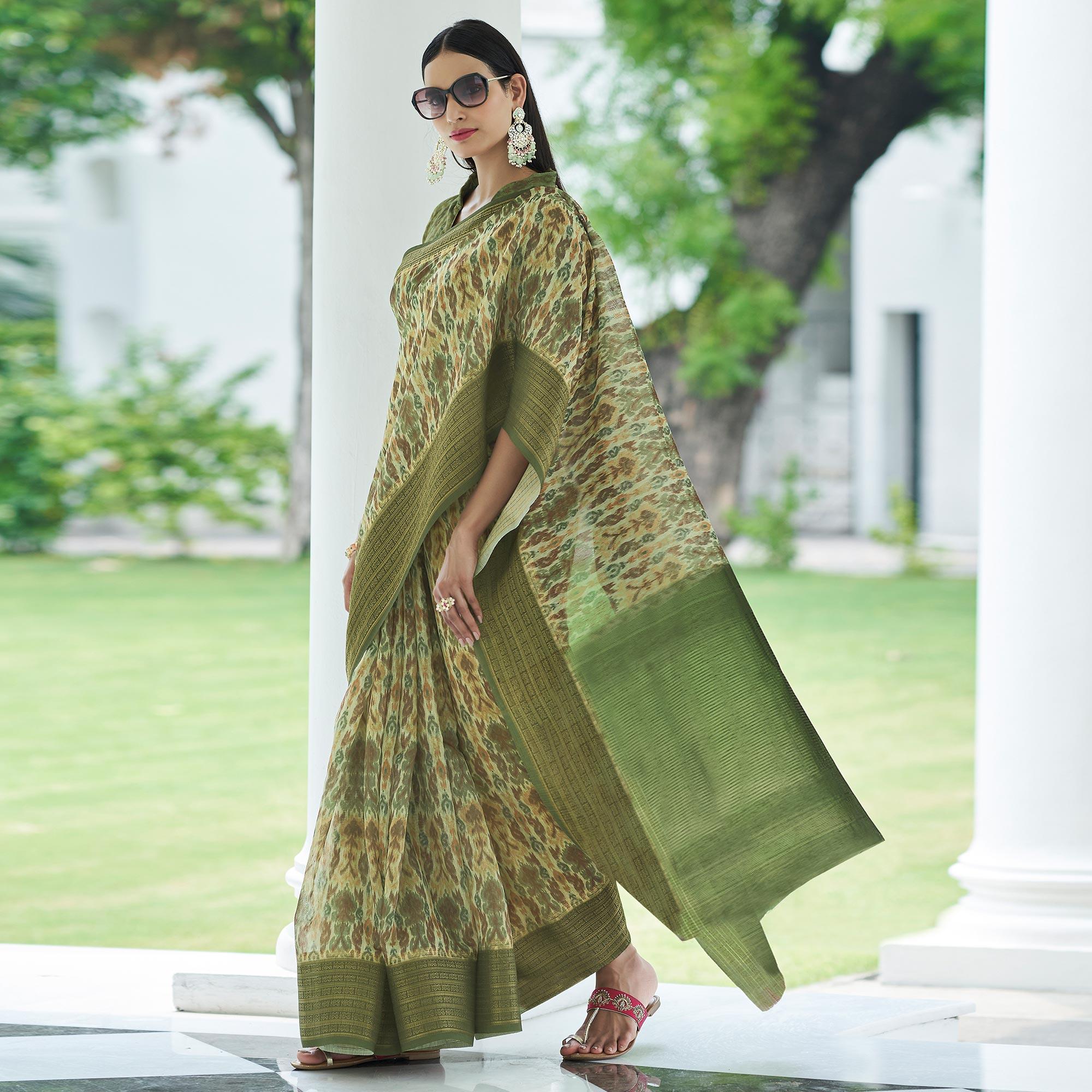 Green Digital Printed Linen Saree - Peachmode