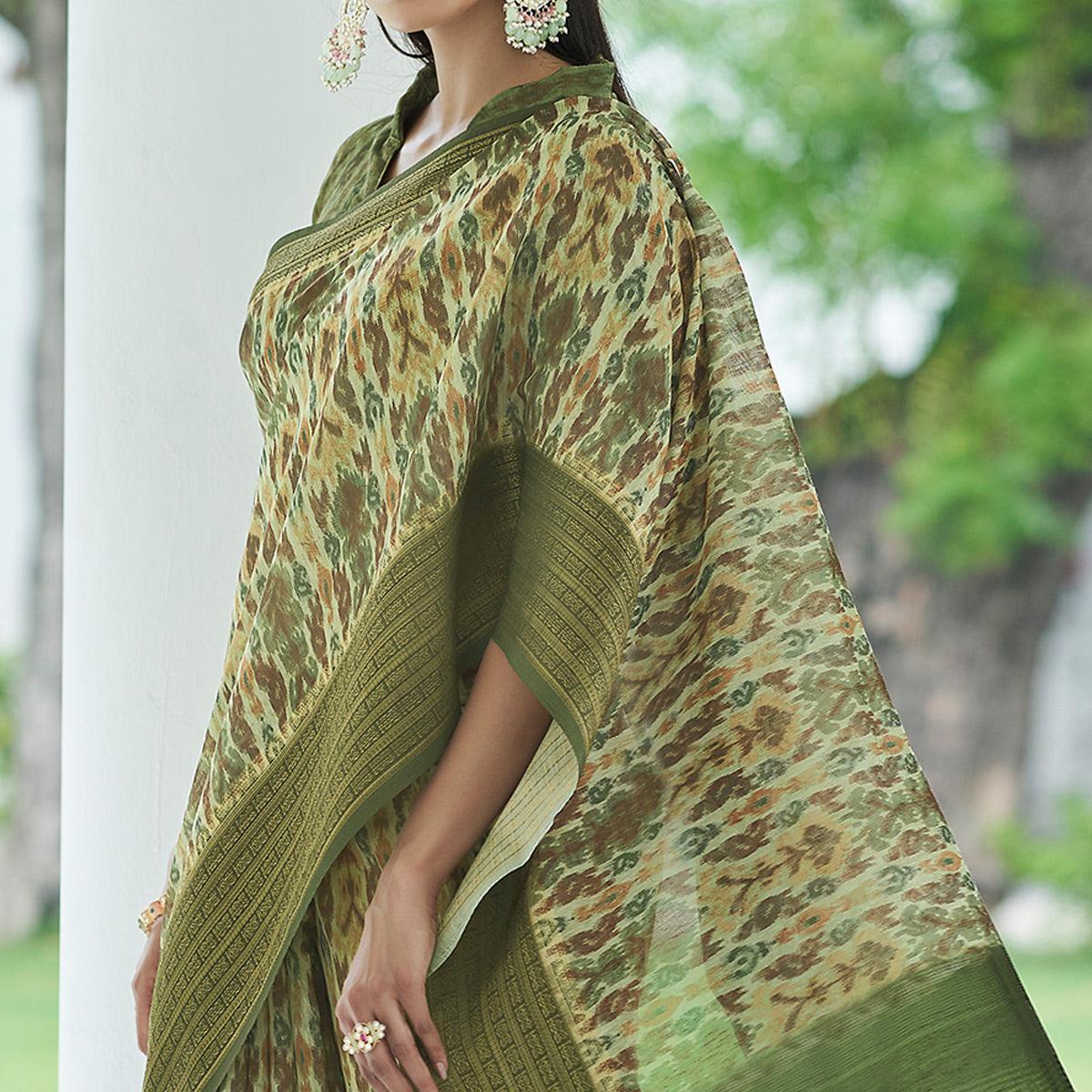 Green Digital Printed Linen Saree - Peachmode