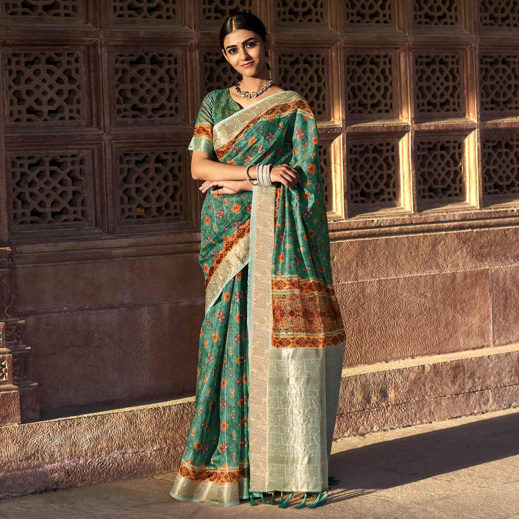 Green Digital Printed Linen Saree - Peachmode