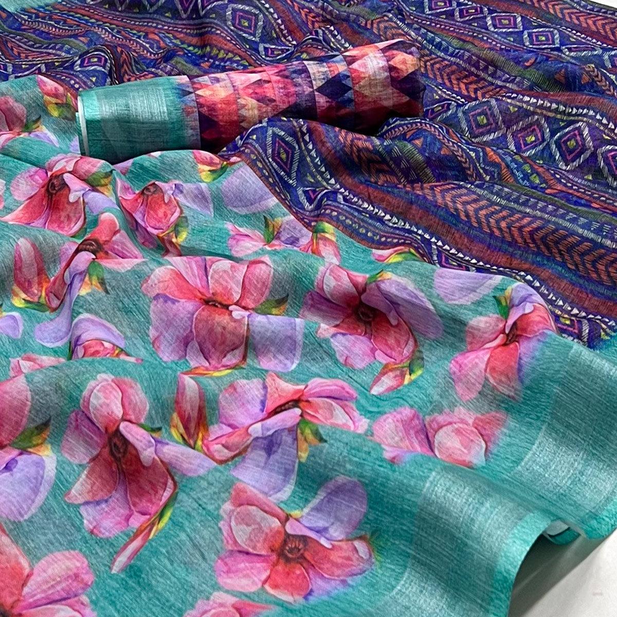 Green Digital Printed Linen Saree - Peachmode