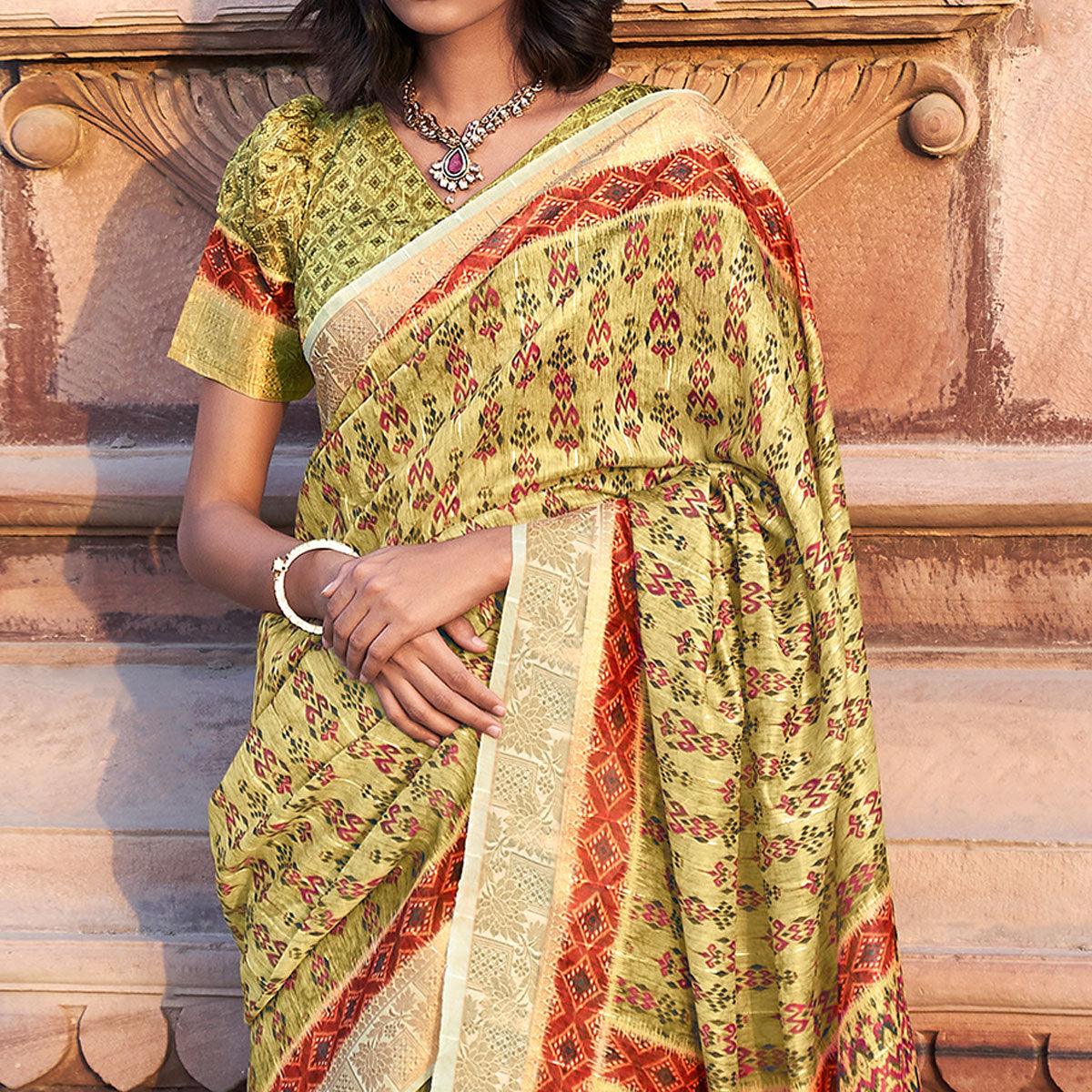 Green Digital Printed Linen Saree - Peachmode