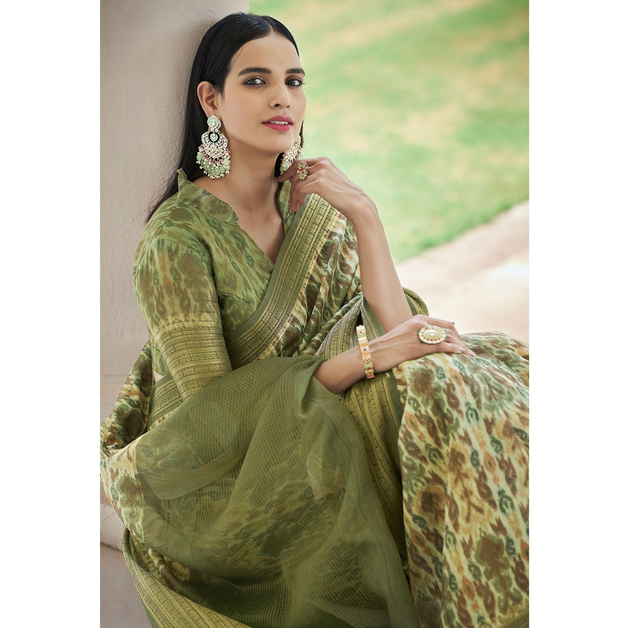 Green Digital Printed Linen Saree - Peachmode