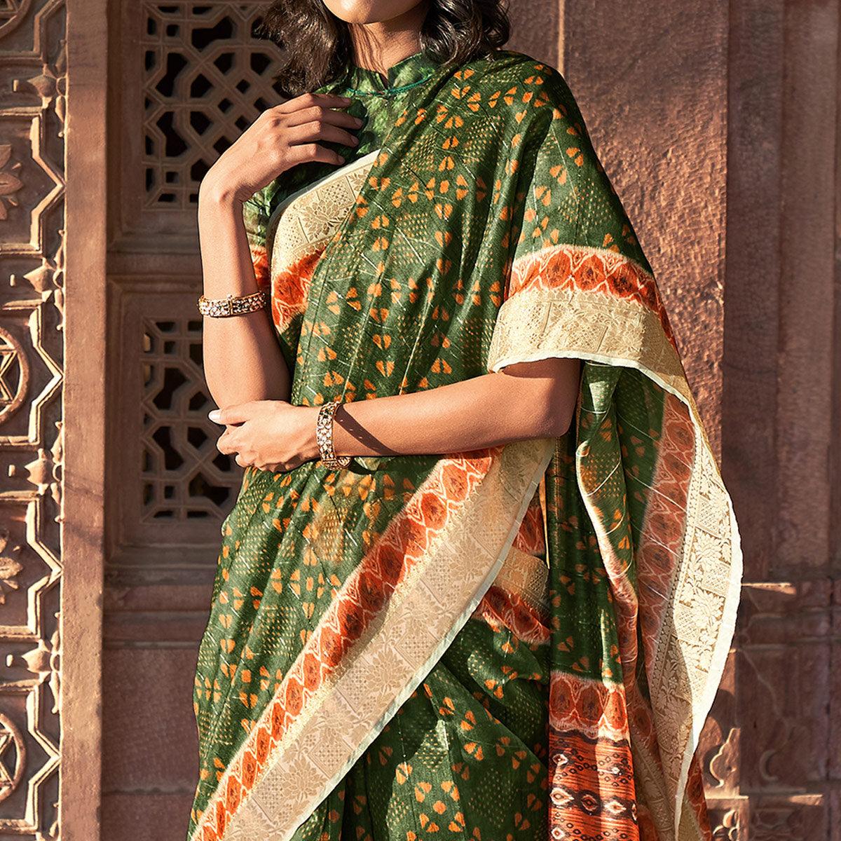 Green Digital Printed Linen Saree - Peachmode