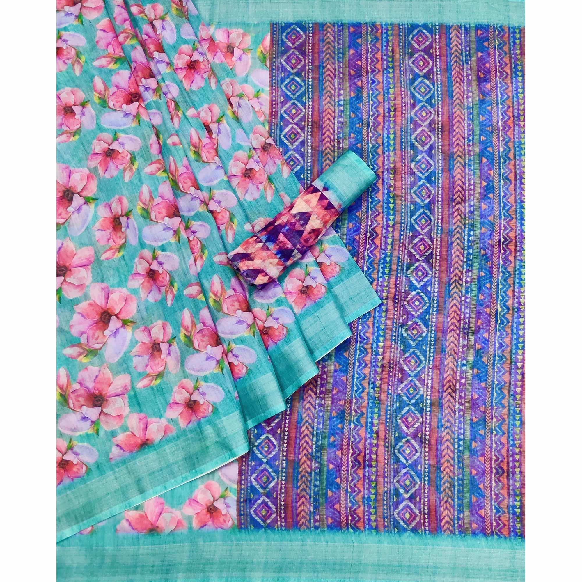 Green Digital Printed Linen Saree - Peachmode