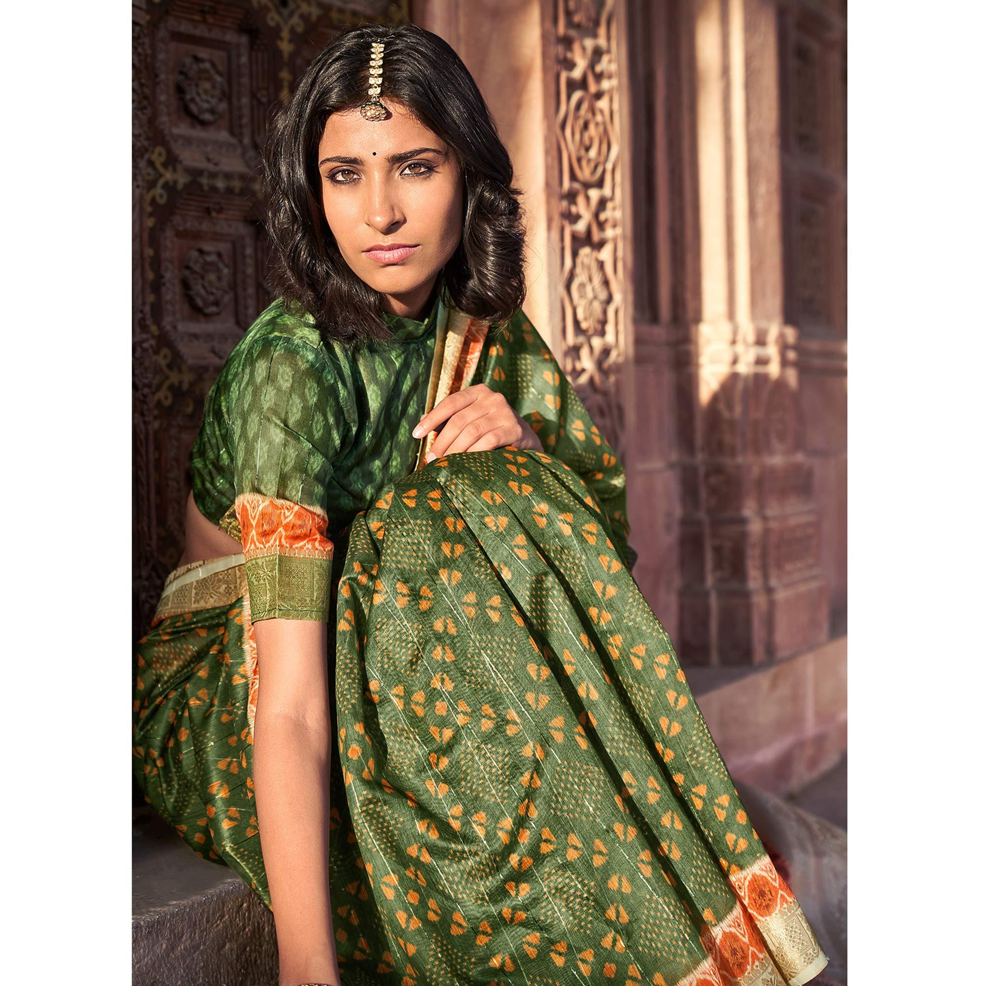 Green Digital Printed Linen Saree - Peachmode