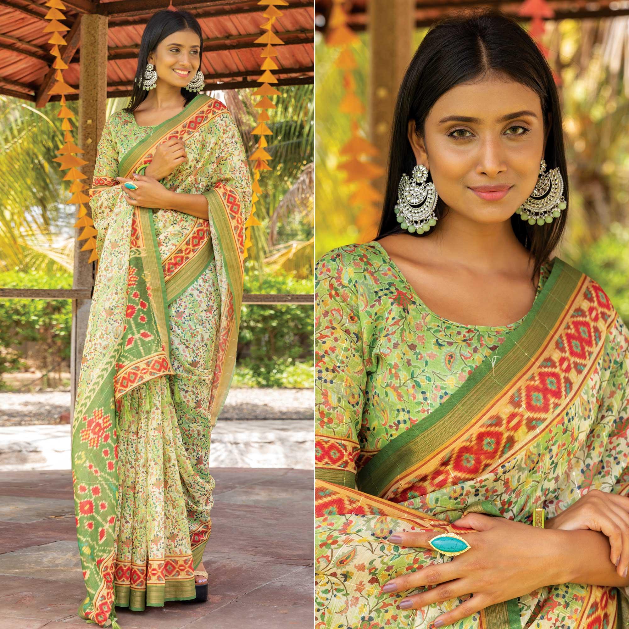Green Digital Printed Linen Saree With Tassels - Peachmode