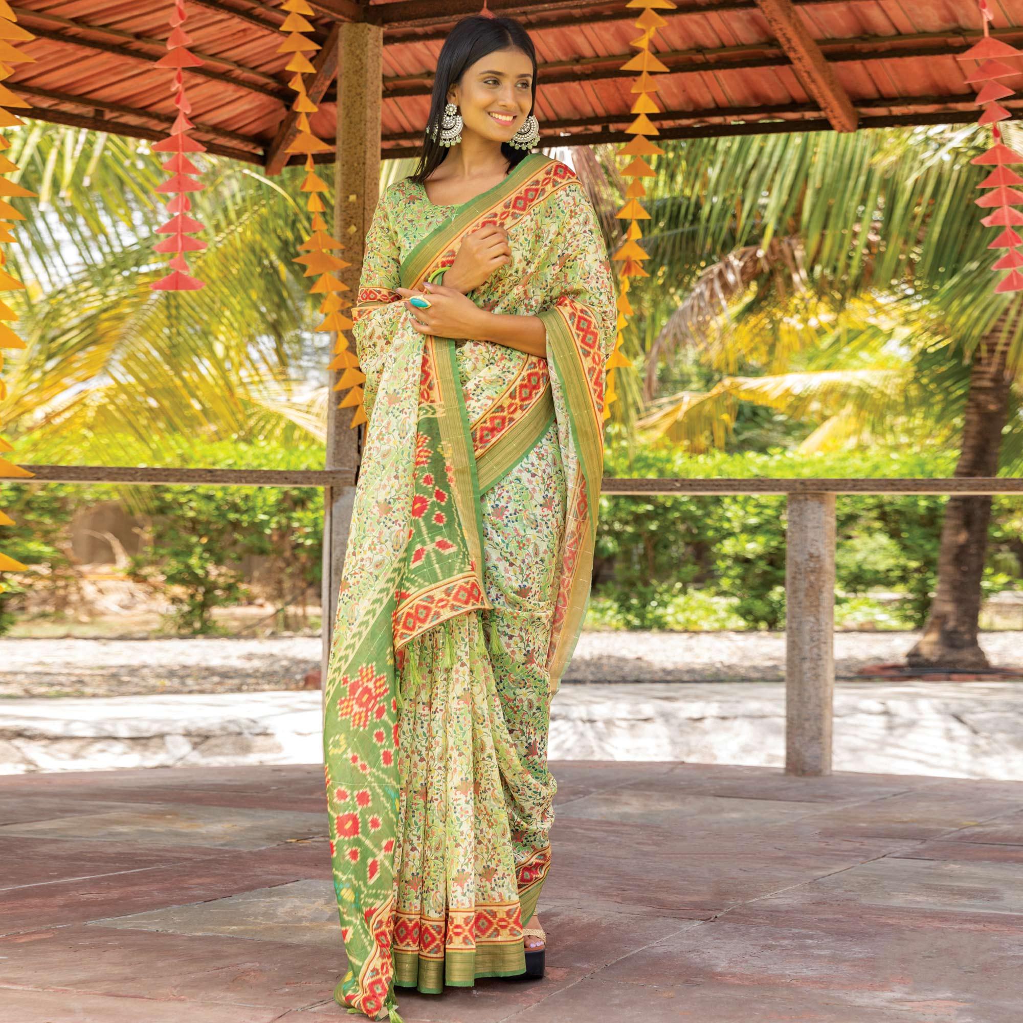 Green Digital Printed Linen Saree With Tassels - Peachmode