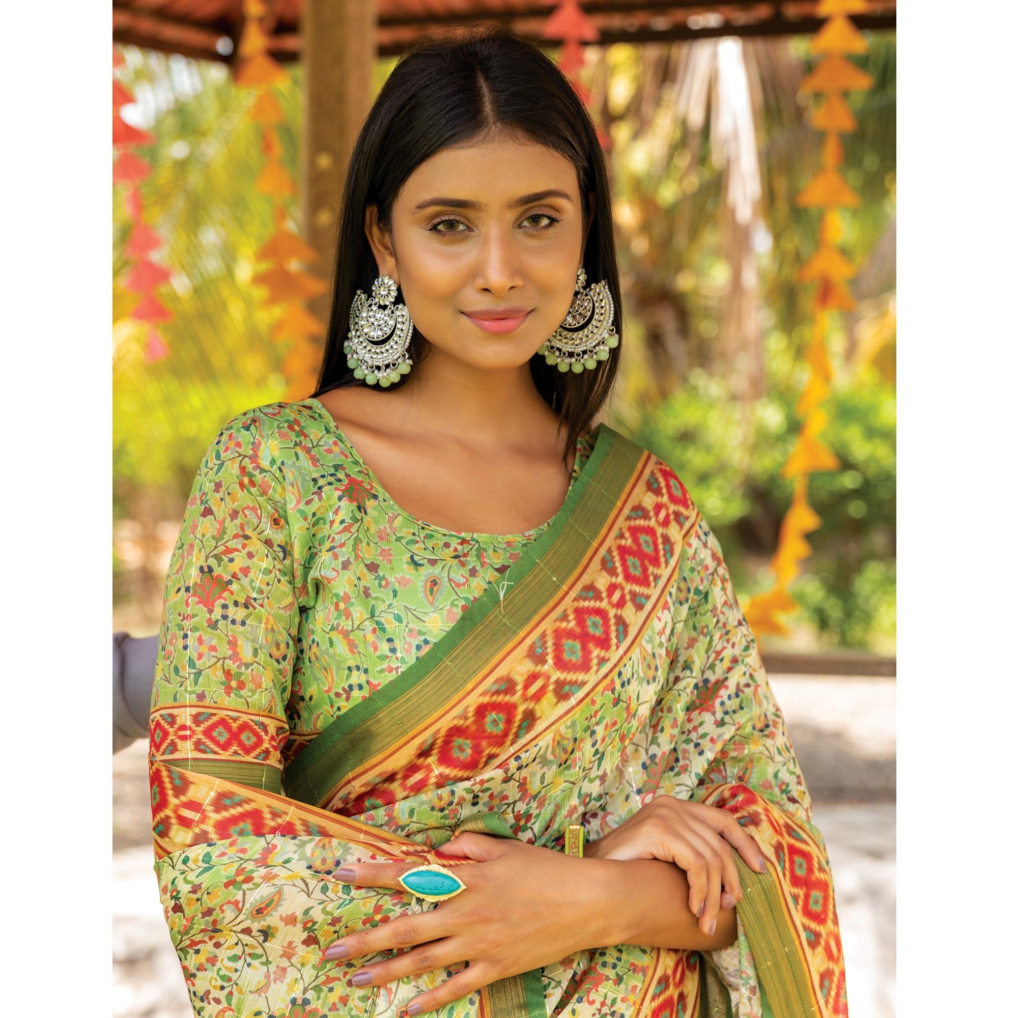 Green Digital Printed Linen Saree With Tassels - Peachmode