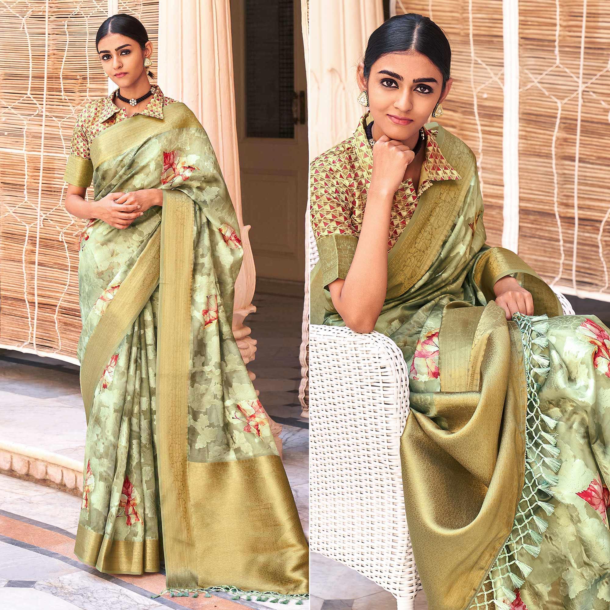 Green Digital Printed Poly Cotton Saree - Peachmode