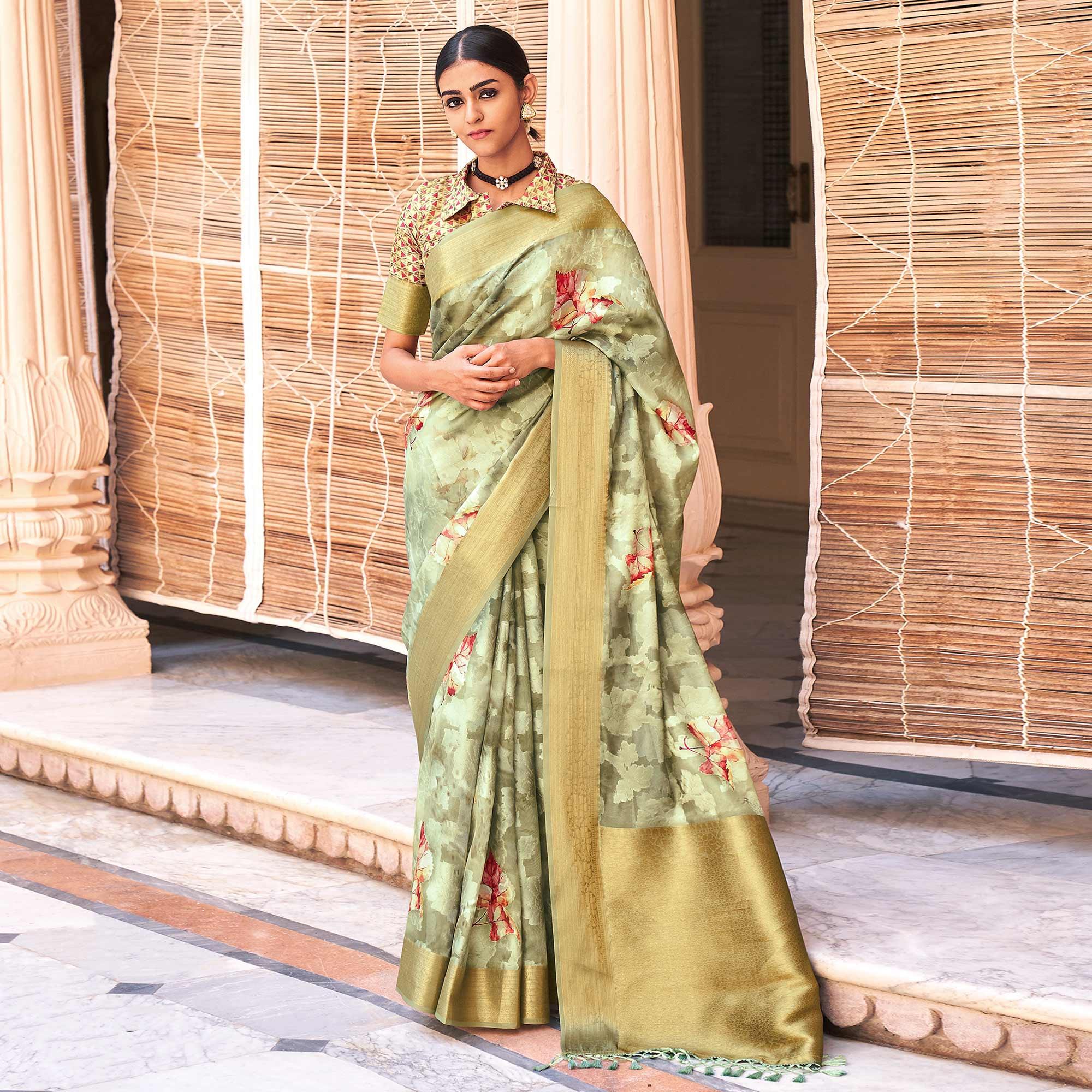 Green Digital Printed Poly Cotton Saree - Peachmode
