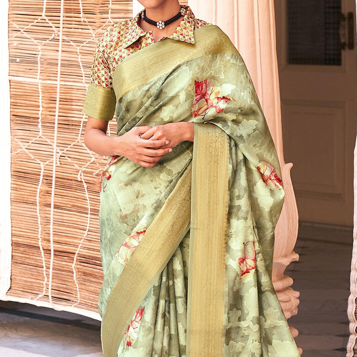 Green Digital Printed Poly Cotton Saree - Peachmode