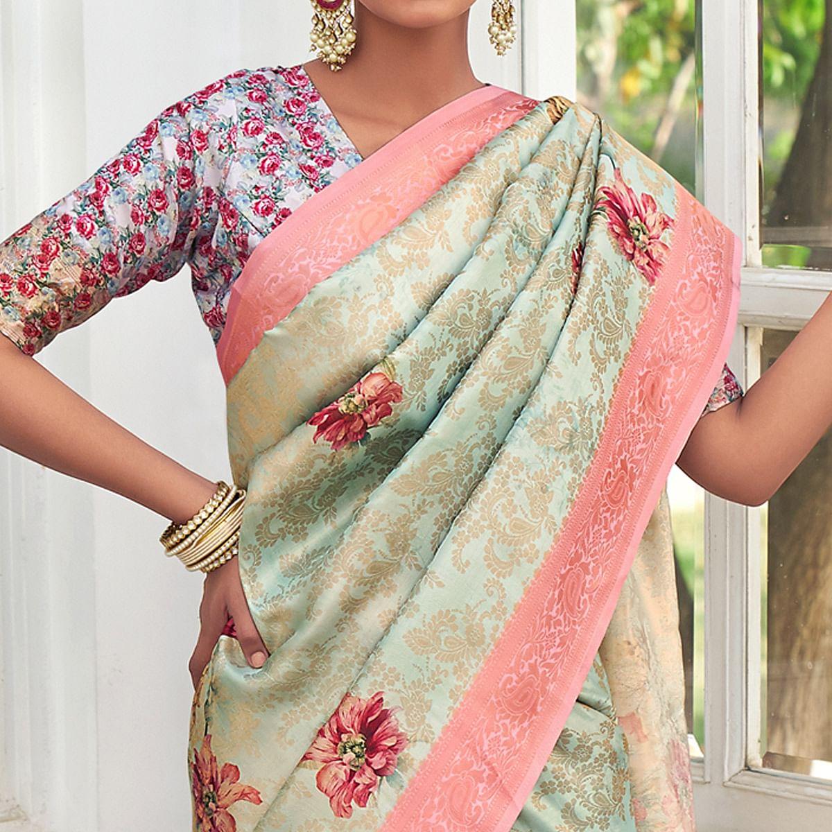 Green Digital Printed Pure Silk Saree With Tassels - Peachmode