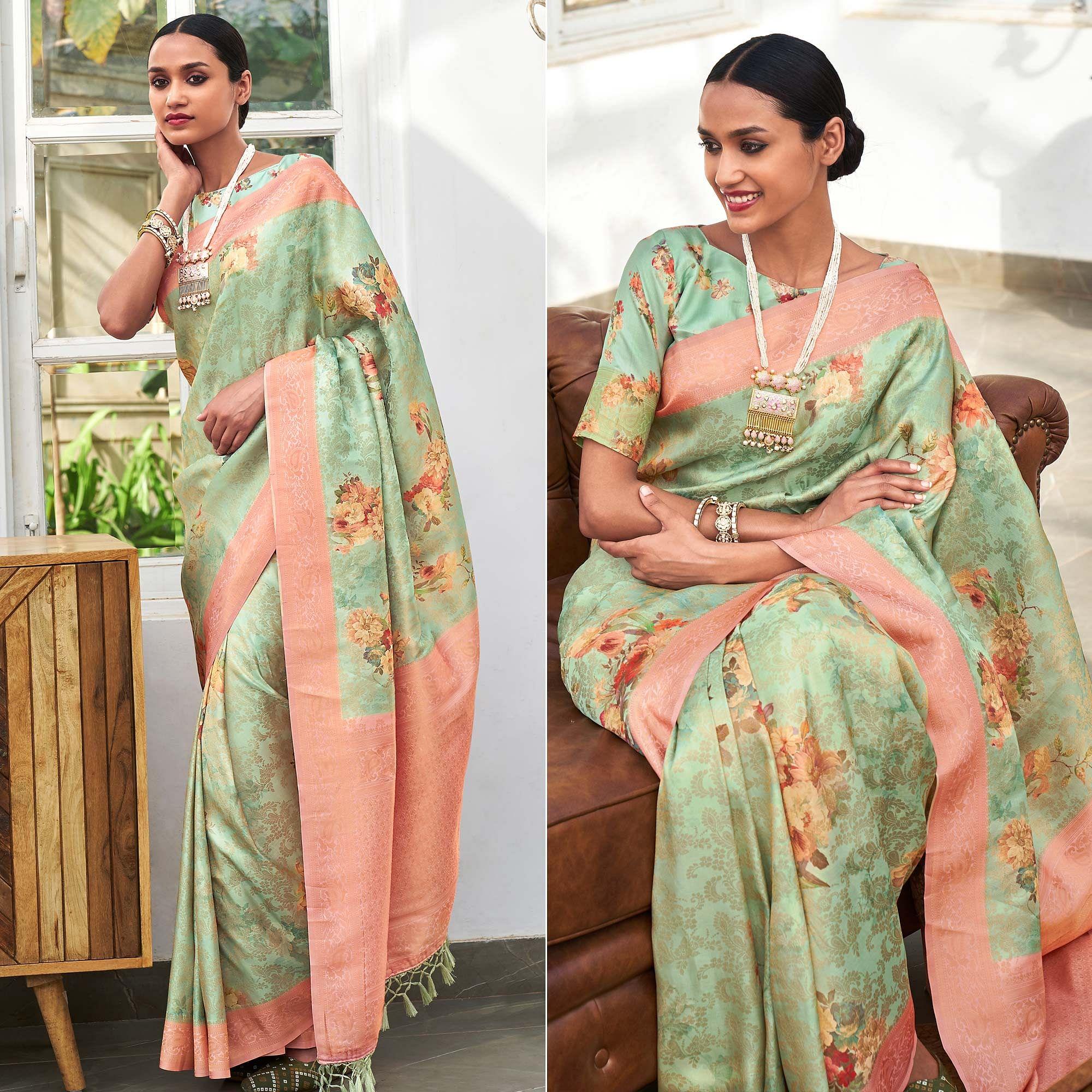 Green Digital Printed Pure Silk Saree With Tassels - Peachmode