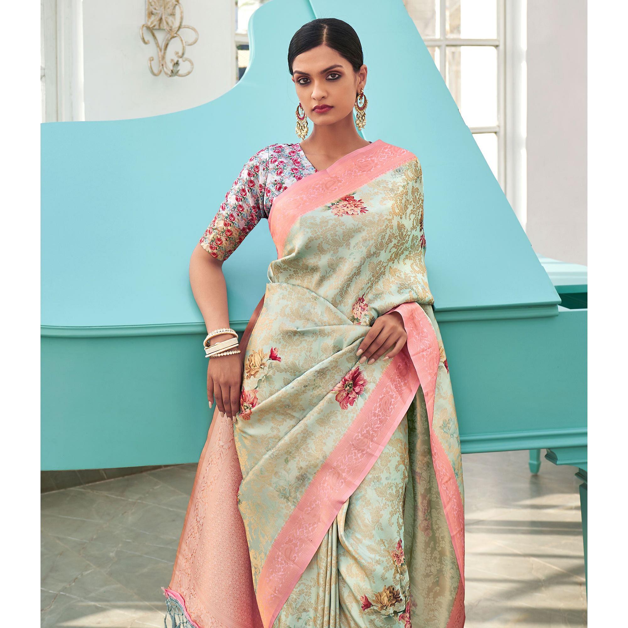 Green Digital Printed Pure Silk Saree With Tassels - Peachmode
