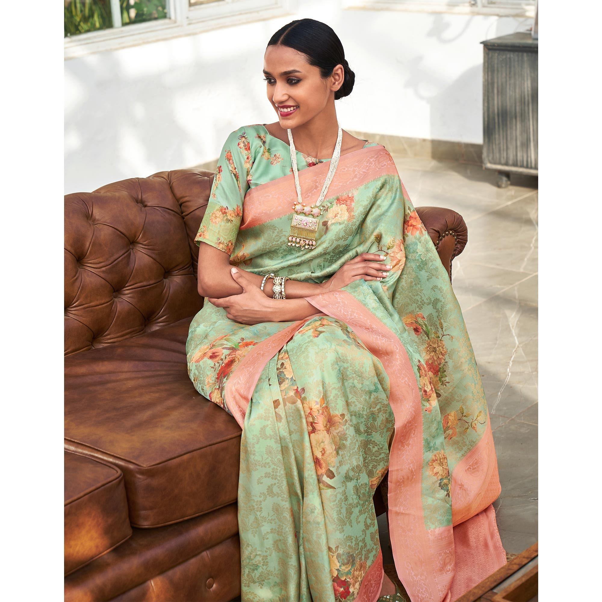 Green Digital Printed Pure Silk Saree With Tassels - Peachmode