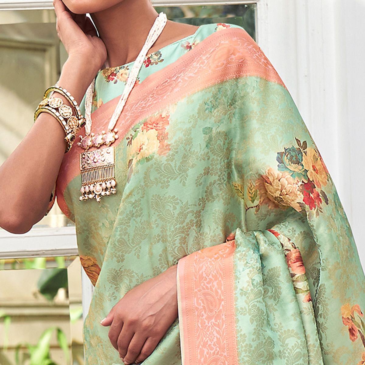 Green Digital Printed Pure Silk Saree With Tassels - Peachmode