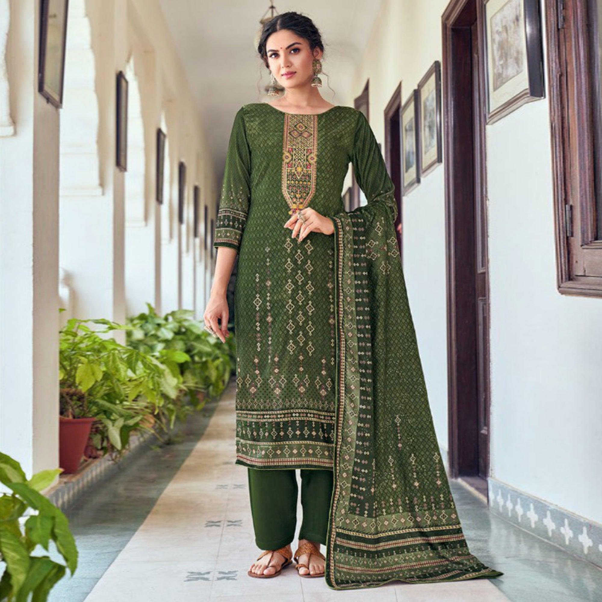 Green Digital Printed With Embroidered Velvet Salwar Suit - Peachmode