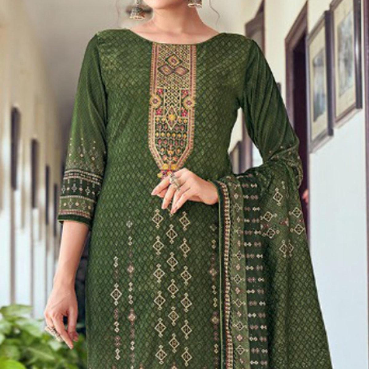 Green Digital Printed With Embroidered Velvet Salwar Suit - Peachmode
