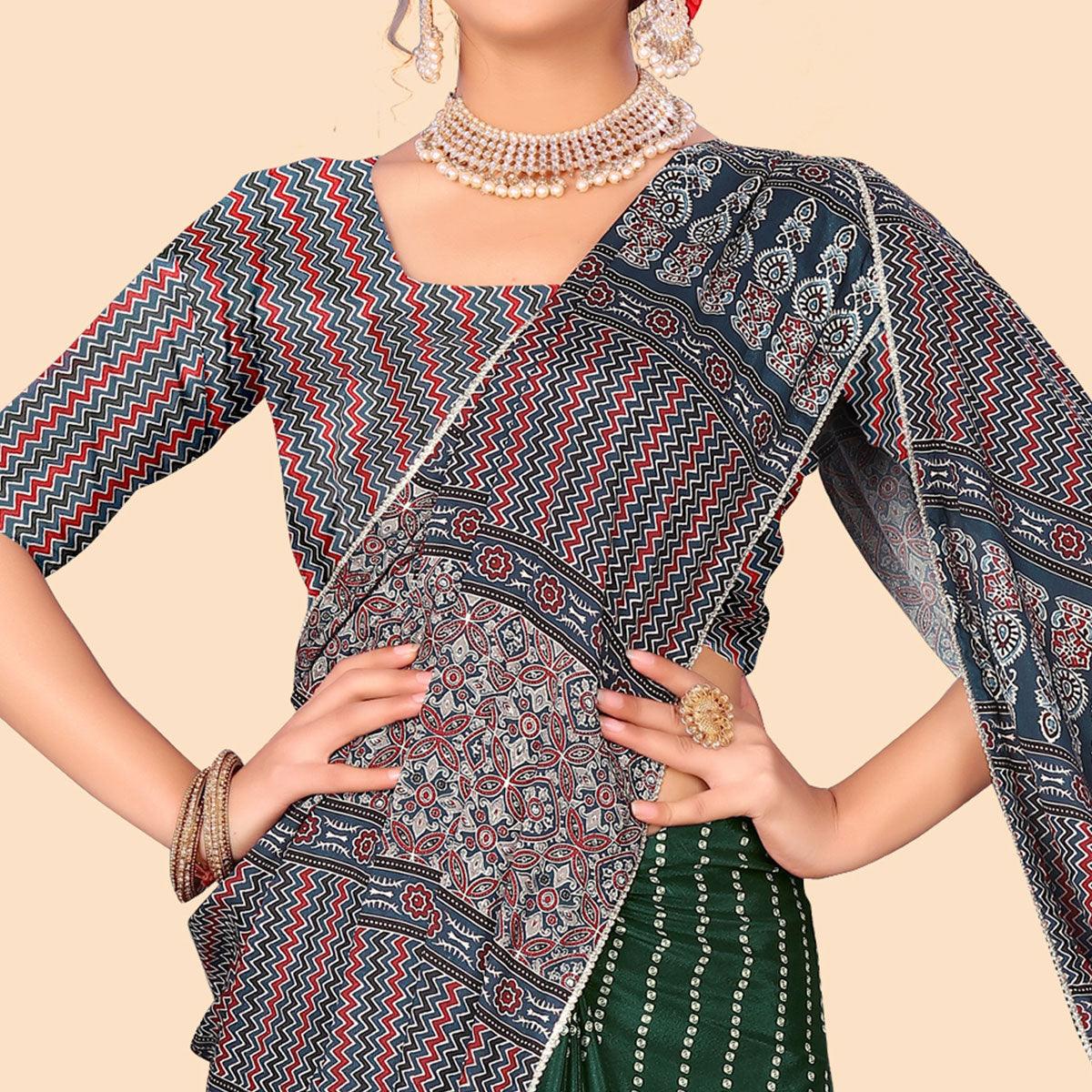 Green Digital Printed With Fancy Border Chiffon Saree - Peachmode